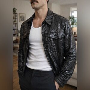 ASOS Sequin Black Trucker Jacket - Size Medium